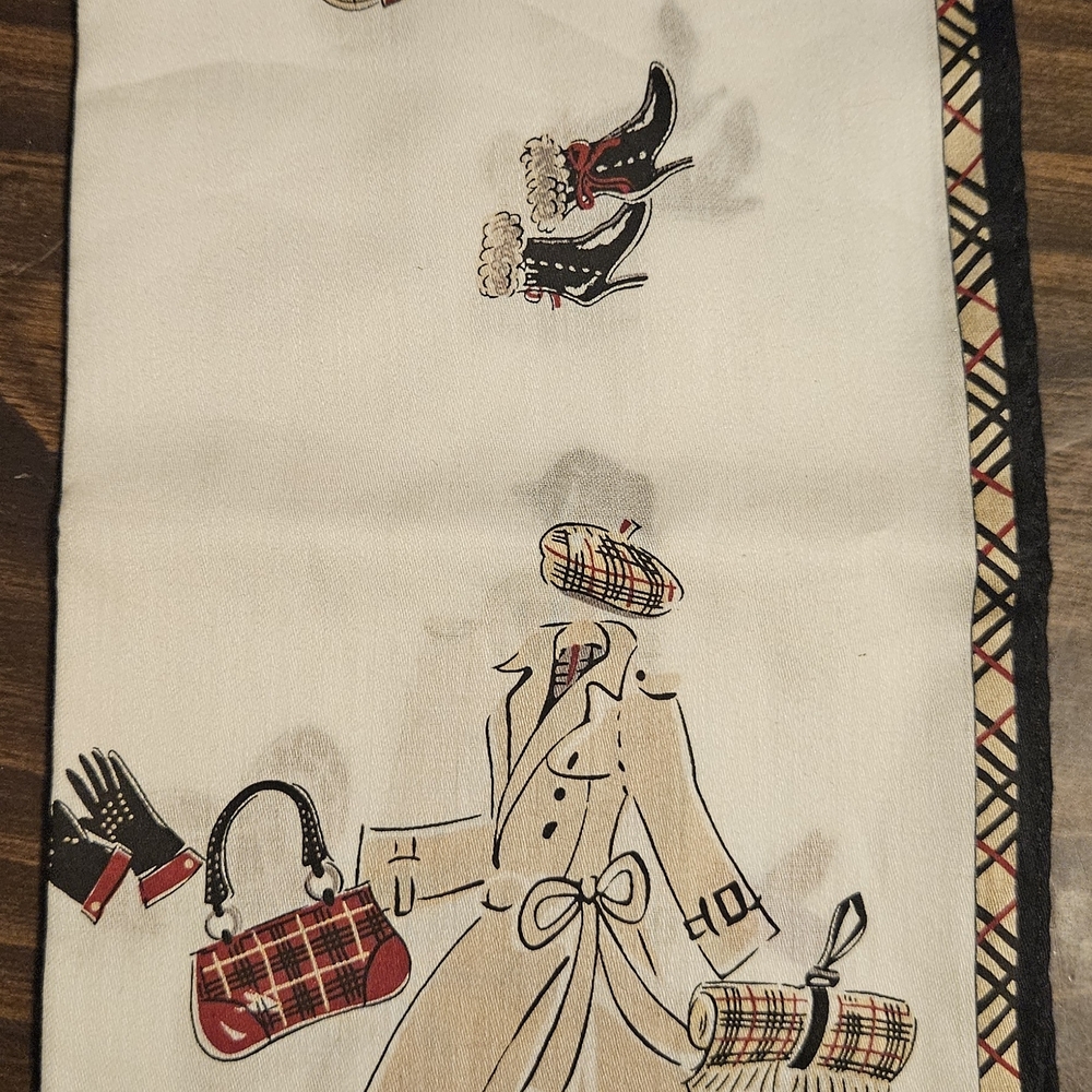 Vintage Burberry Beige Trench Coat Illustration Scarf with Red Plaid Accents - Picture 2 of 3